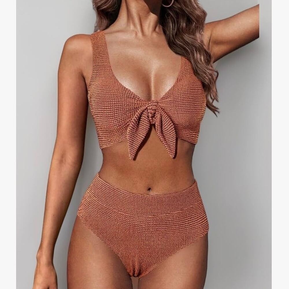 Hanna Nikole Women 2 Piece Swimsuit Size L Rust Tie Front High Waist Bikini NWT